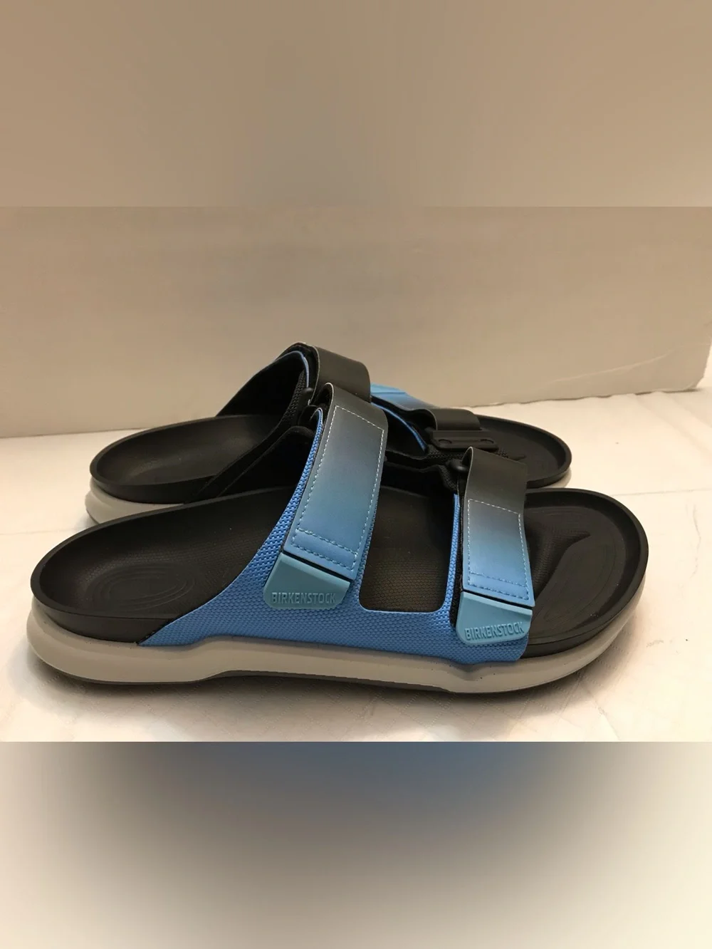 Birkenstock Light Blue and Black Dual-Strap Slides